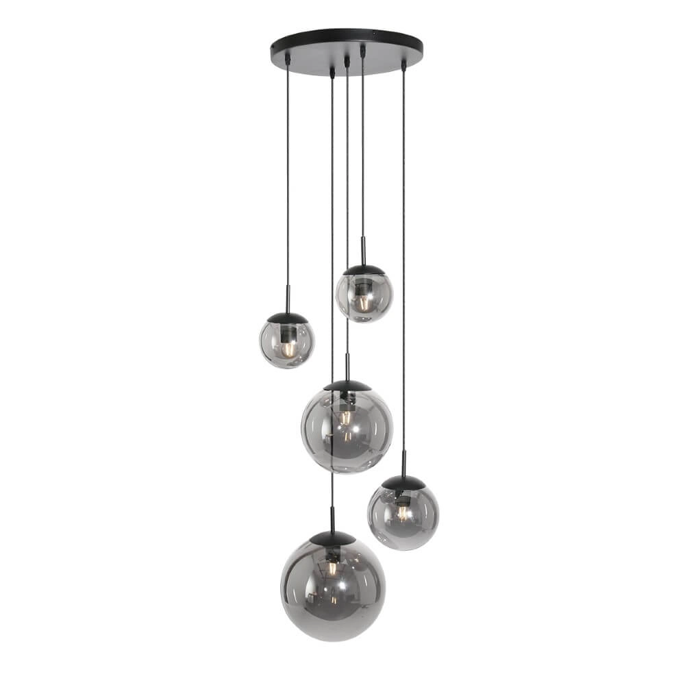 5-flammige Loft-Hängelampe Bolique schwarz mit Rauchglas