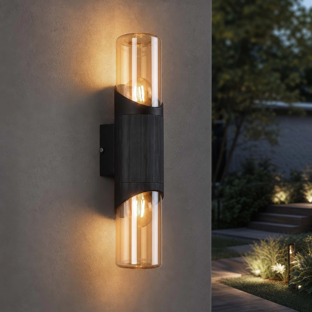 Design-Wandlampe Broadway Schwarz mit bernsteinfarbenem Glas-Doppel Searchlight 5,05342E+12