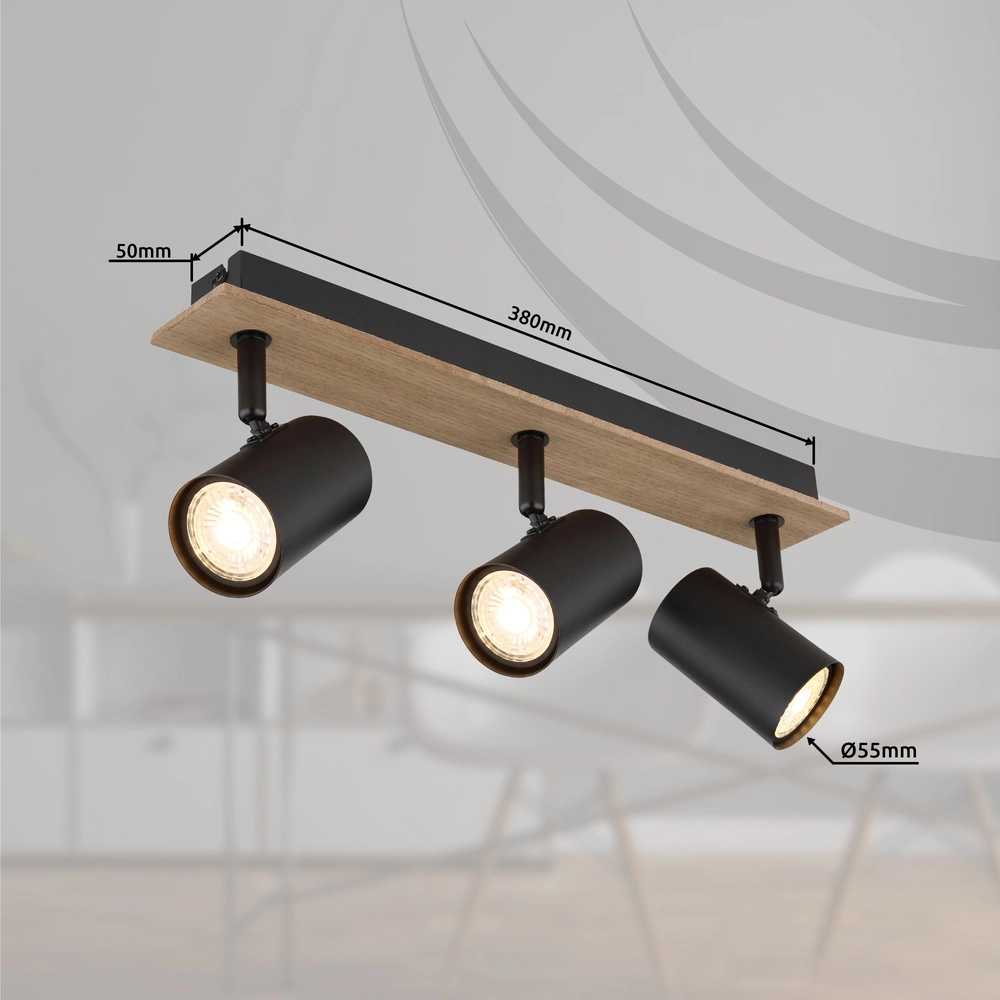 Deckenlampe Linca 3-Licht Schwarz mit Holz Globo 9007371455942