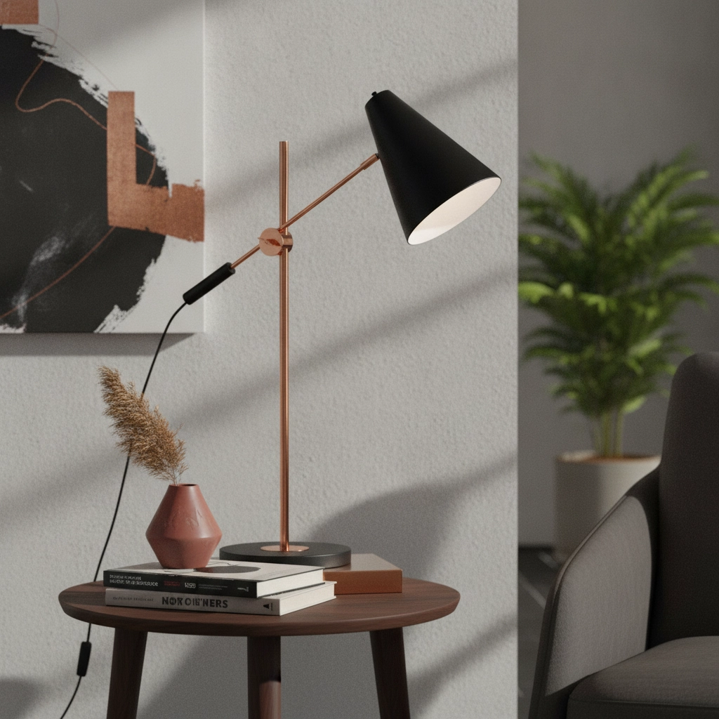 Schlanke Schreibtischlampe Obscur schwarz mit kupfer