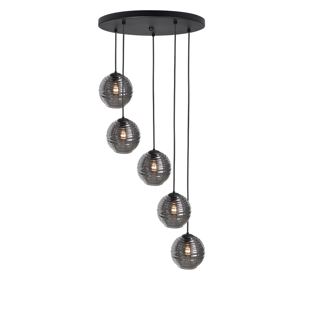 5-flammige Pendelleuchte Fantasy schwarz mit geripptem Glas