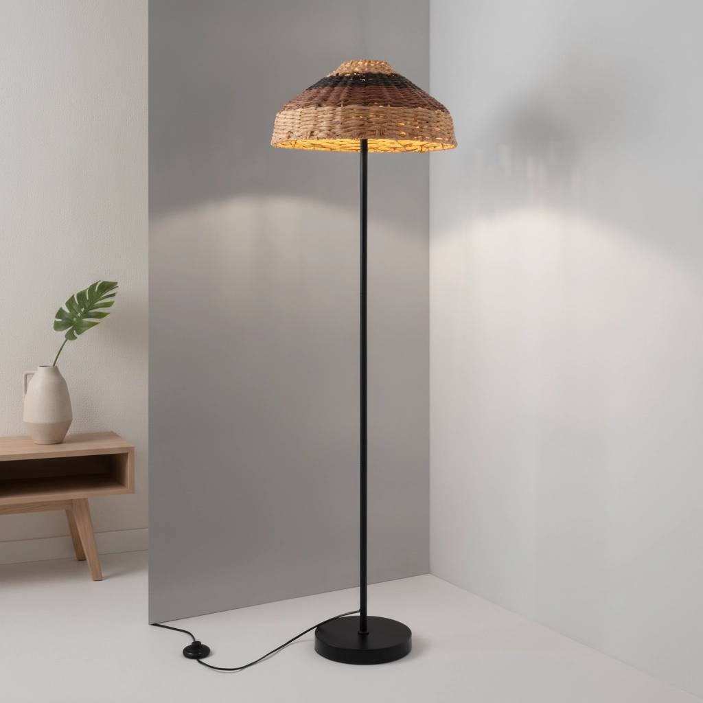 Stehlampe Caro Schwarz und Rattan
