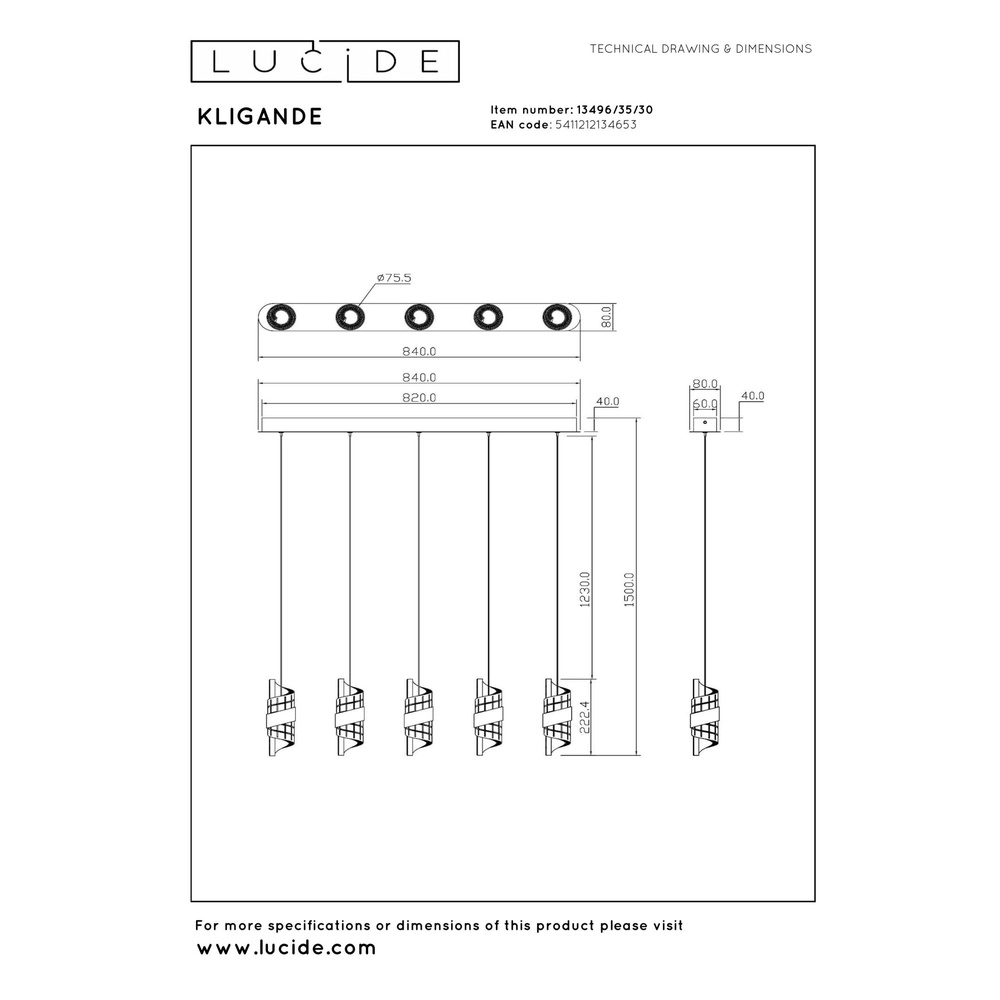 Design-Pendellampe Kligande 5-Licht-Schwarz-Gerade Lucide 5411212134653