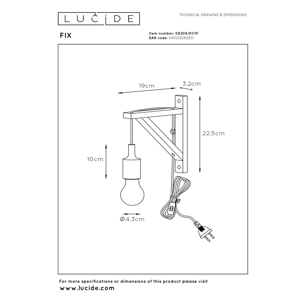 Holzwandlampe Fix mit weißer Schnur Lucide 5411212082831
