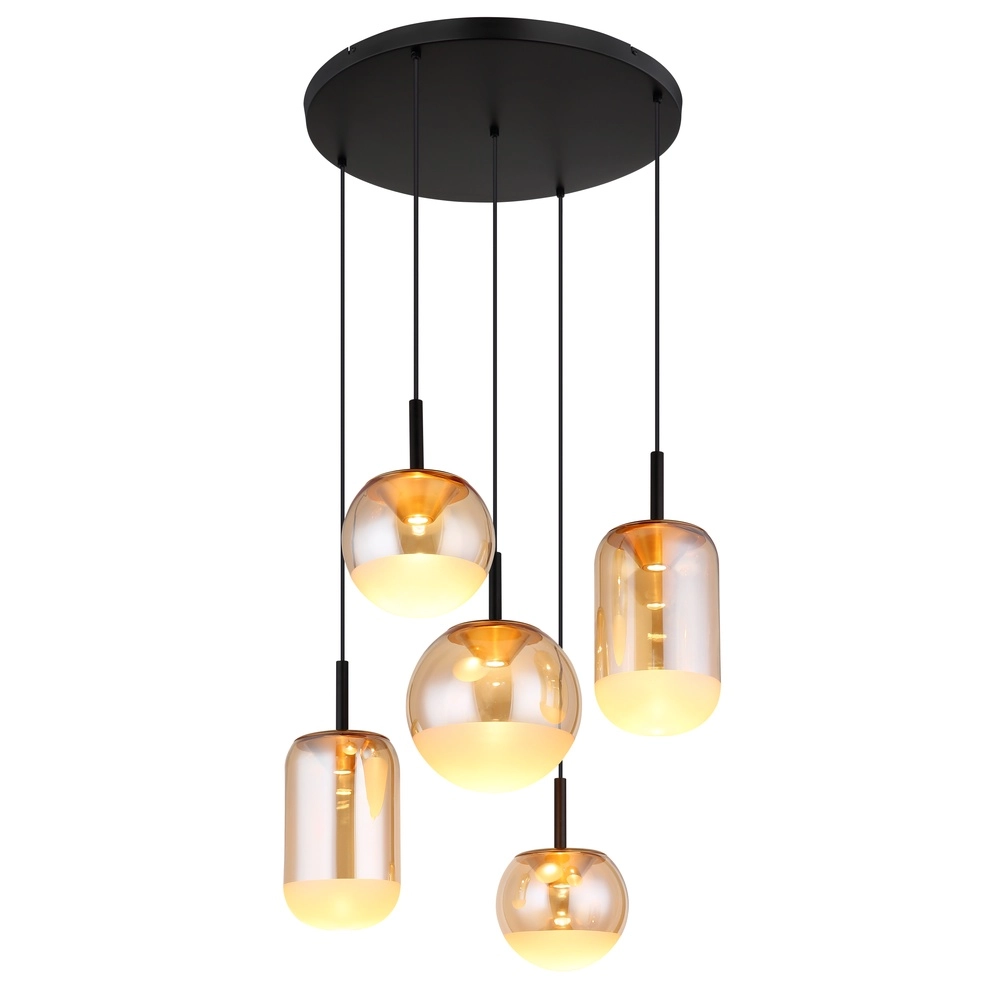 Design-Pendellampe Severin 5-Licht Schwarz mit bernsteinfarbenem Glas