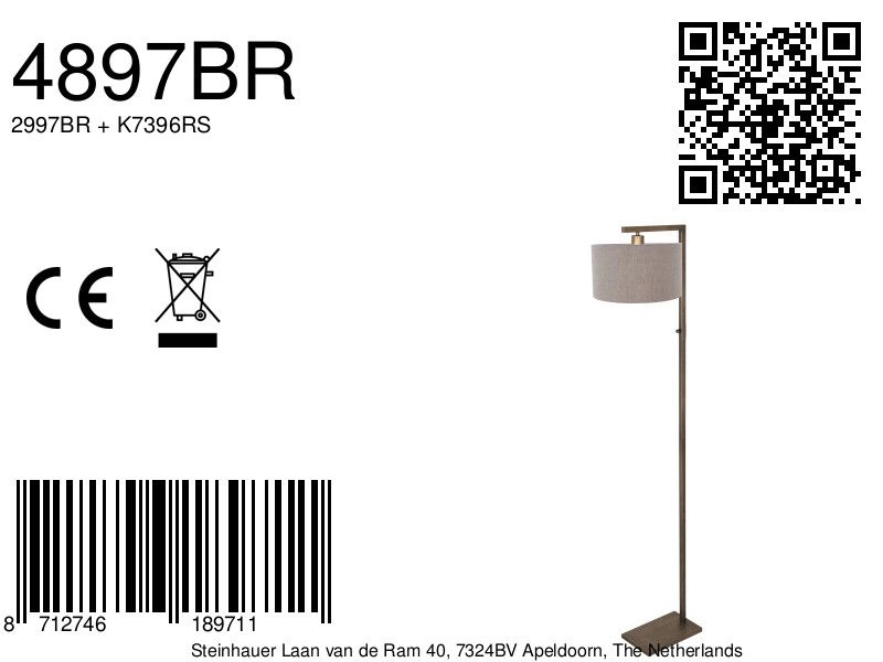 Bronze der Stehlampe Stang mit grauer Kapuze Steinhauer 8712746189711