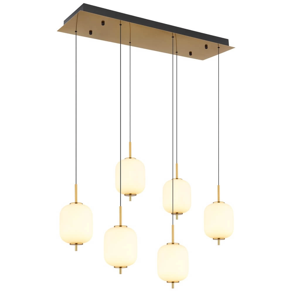 Goldene Pendelleuchte Ewald 6-flammiges Weißglas