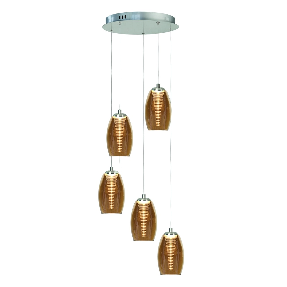 Pendelleuchte Nebula Nickel rundes 5-flammiges Braunglas