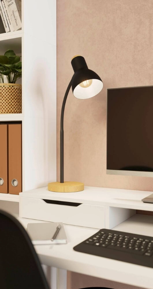 Ländliche Schreibtischlampe Veradal schwarz mit Holz Eglo 9002759988319
