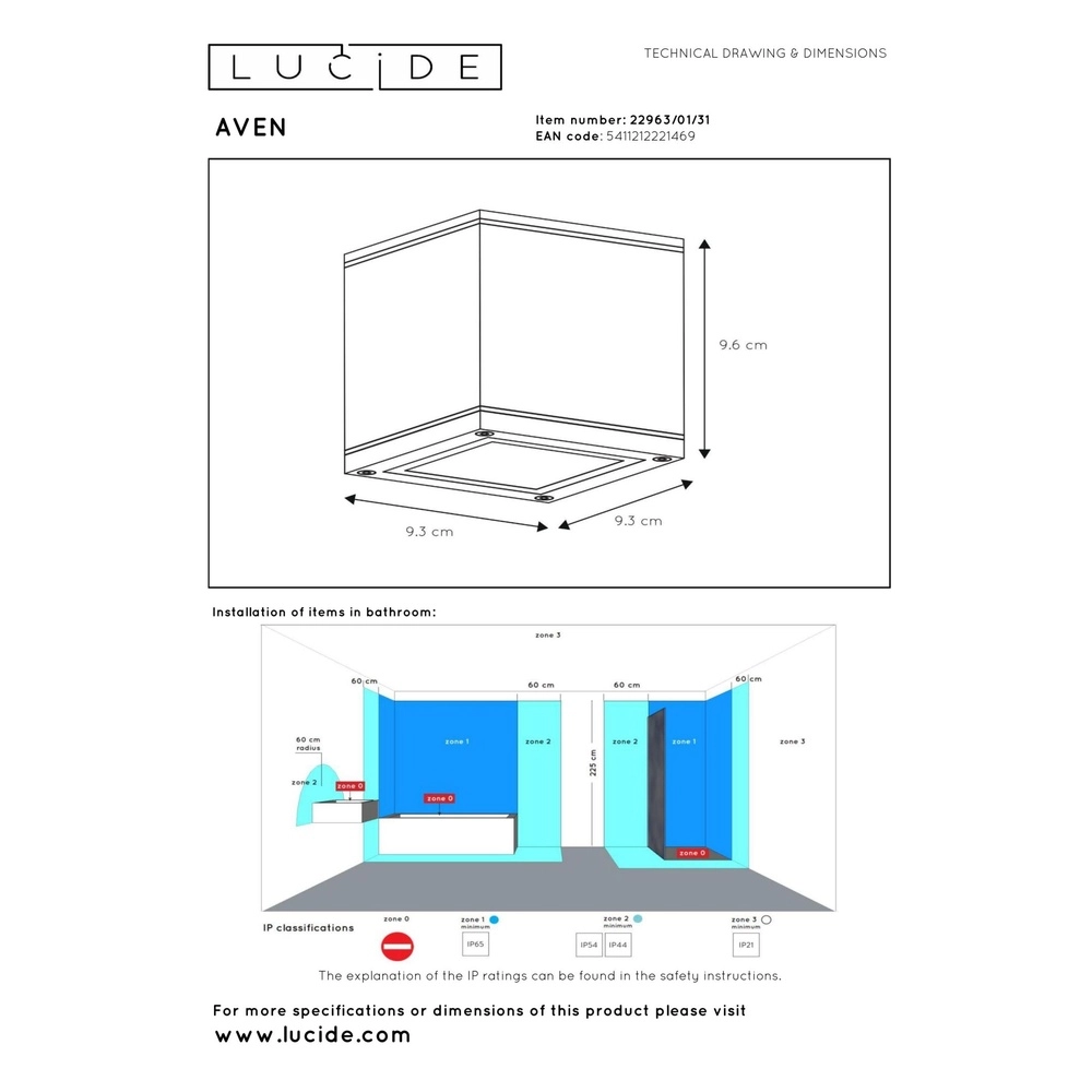 Quadratischer Deckenscheinwerfer Aven Badezimmer IP65 weiß Lucide 5411212221469
