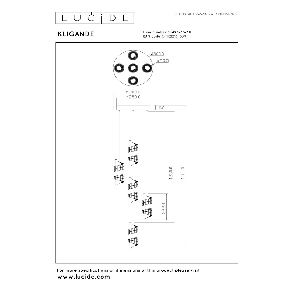 Design-Pendellampe Kligande 5-Licht-Schwarzpatrone Lucide 5411212134639