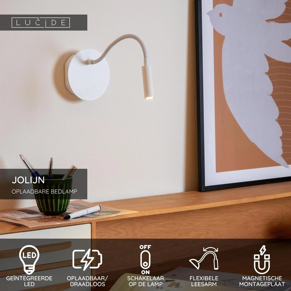 Wiederaufladbare Wandlampe Jolijn Nachttischlampe weiß Lucide 5411212771391