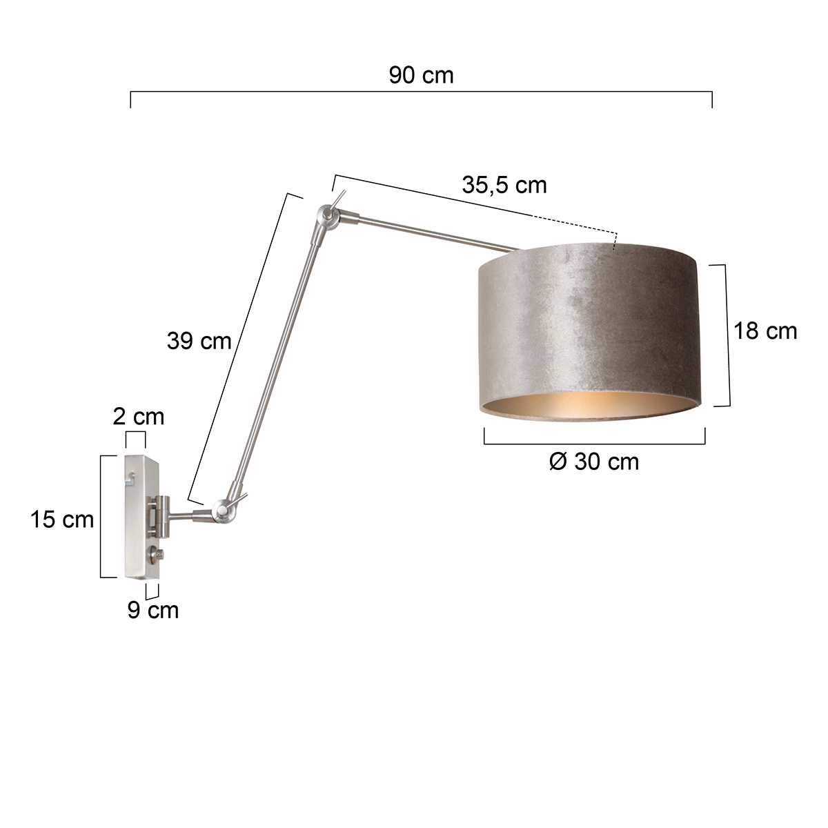 Wandleselampe Prestige Chic Edelstahl mit 30 cm taupefarbenem Samtschirm Steinhauer 8712746145809