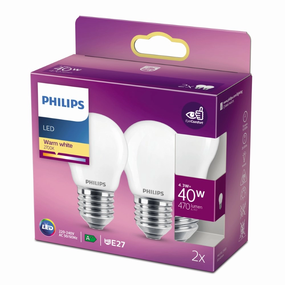 Lichtquellenkugel 4,3W - E27 - 2700K - 470 lumen 2er-Set Philips 8718699763916