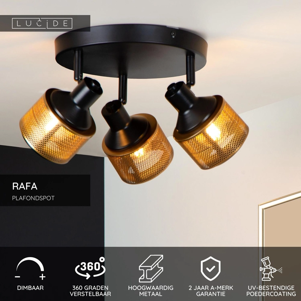Deckenlampe Rafa 3-Licht Schwarz mit Kupfer Lucide 5411212771315