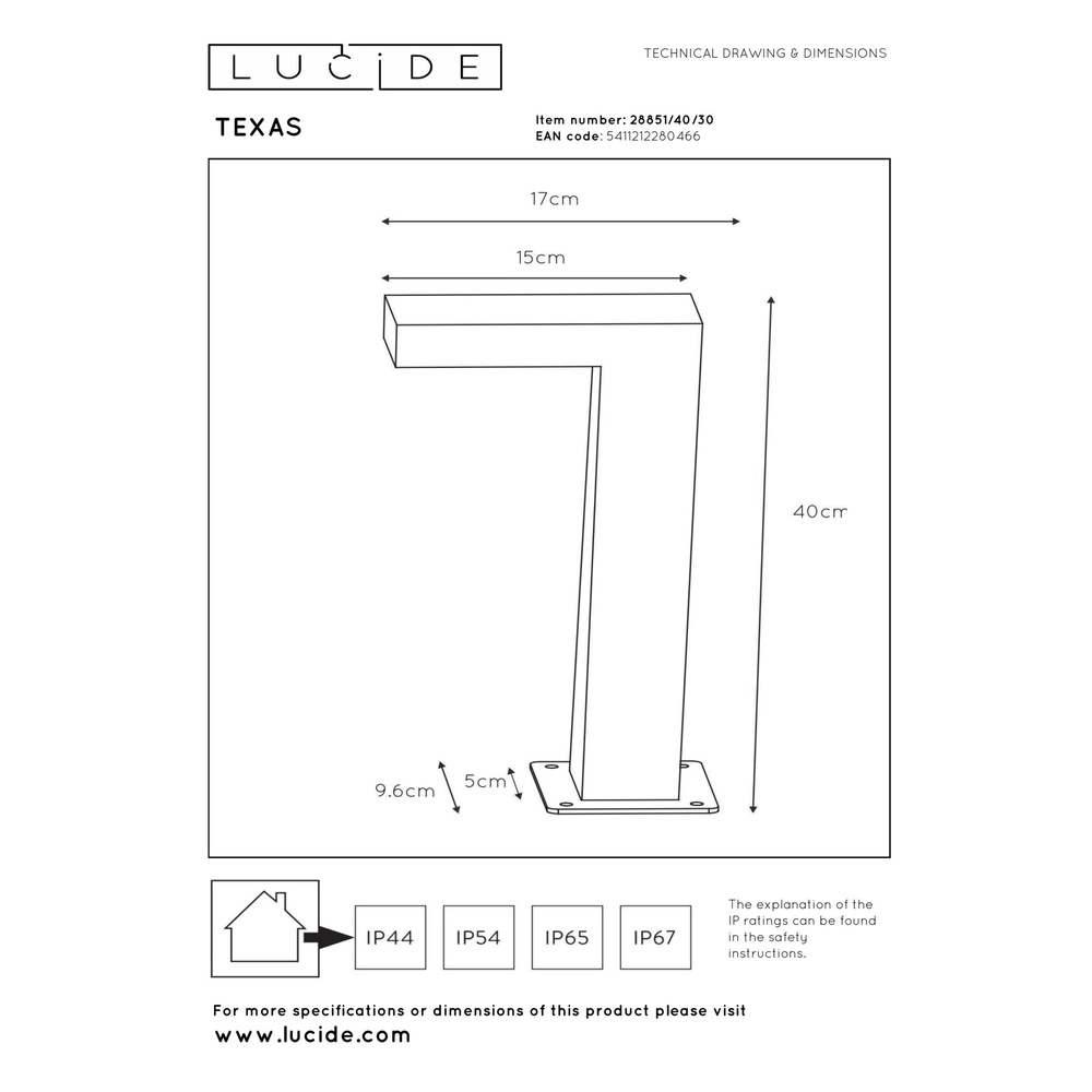Sockellampe Texas 40 cm Anthrazit Lucide 5411212280466