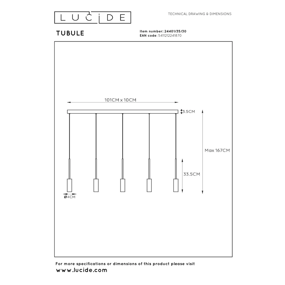 5-Licht-Design Pendellampe Tubule Schwarz Lucide 5411212241870
