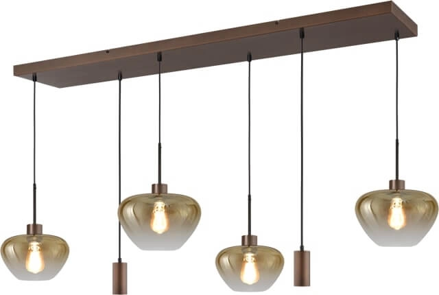 6-flammige Pendelleuchte Genua Braun mit Goldglas und Anhängern