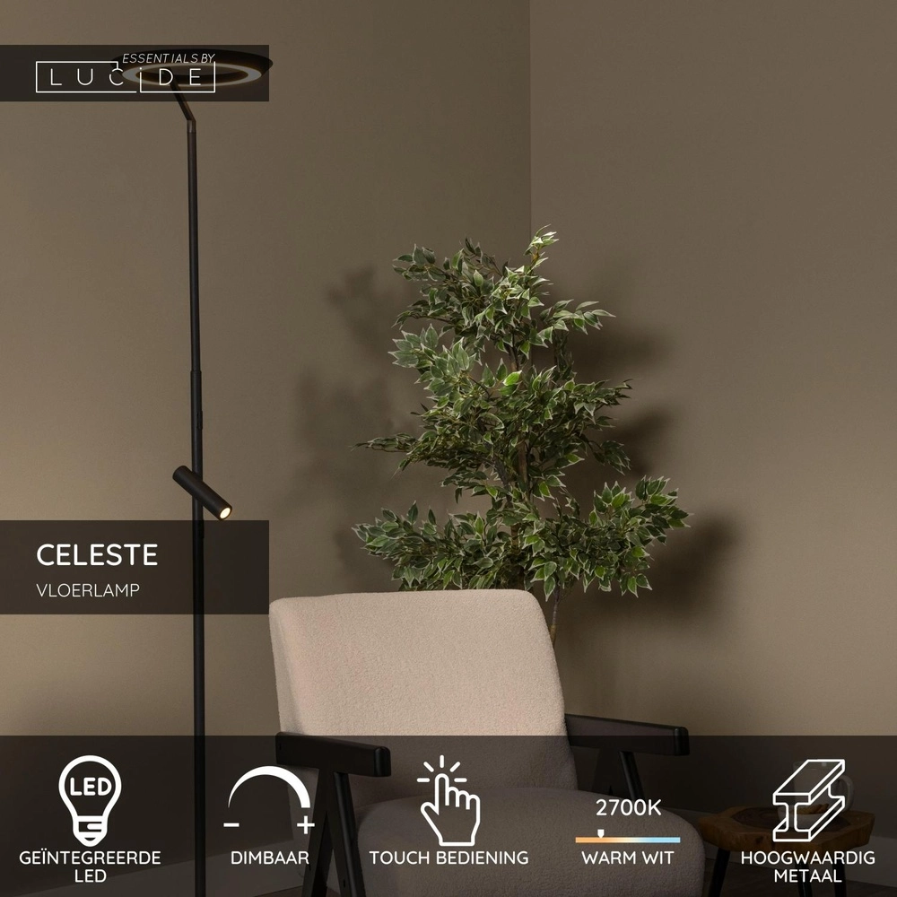 Design-Stehlampe Celeste schwarz Ø 28 cm mit Leselampe Lucide 5411212032263