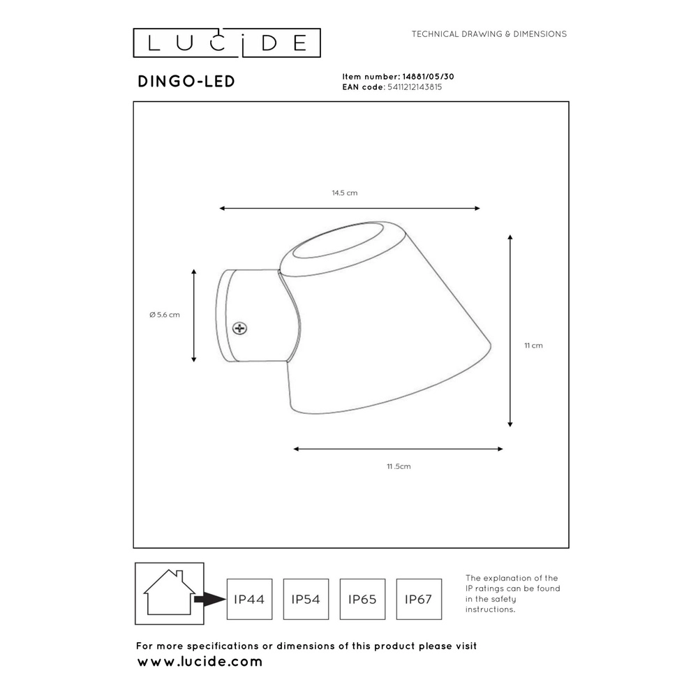 Wandscheinwerfer Dingo-Led IP44-Anthrazit Lucide 5411212143815
