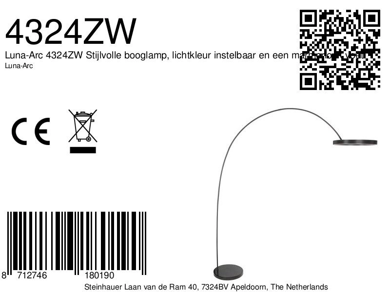 Moderne Bogenlampe Luna-Arc Schwarz Steinhauer 8712746180190