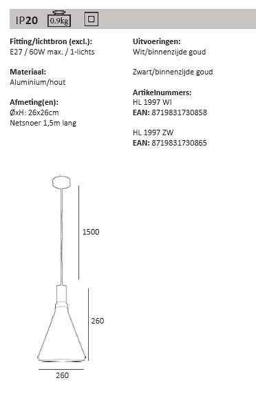 Hängelampe Cornet Ø 26cm Artdelight 8719831730865