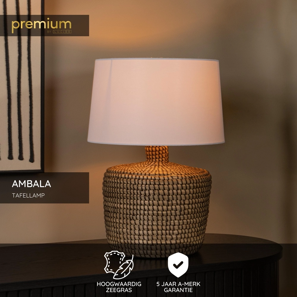 Seegras-Tischlampe Ambala Ø 35cm – braun mit weißem Farbton Premium by Lucide 5411212106100