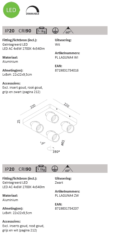 4-Lampen-Scheinwerfer Laguna Led schwarz Artdelight 8719831734207