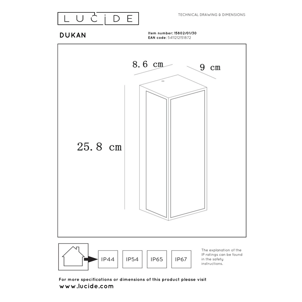 Design-Wandlampe Dukan IP65 schwarze Single Lucide 5411212151872