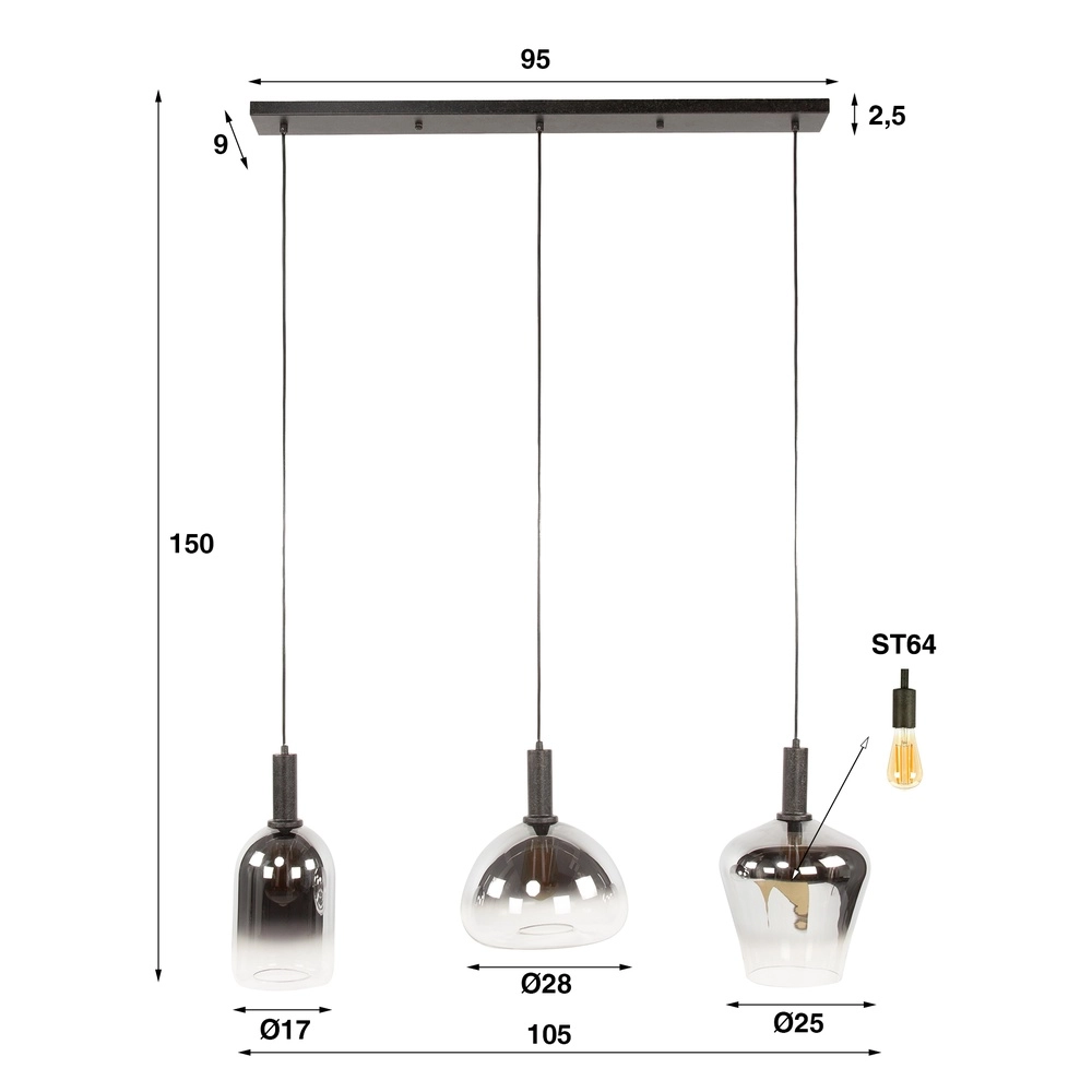 Glas-Esstischlampe Zenith 3x Rauchglas Lyora 8716803511026