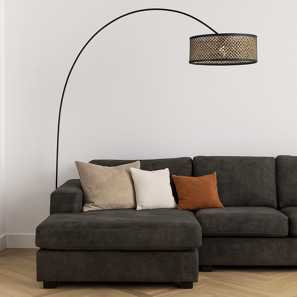 Stehlampe Curve schwarz mit Rattanschirm Ø 50cm Steinhauer 8712746179422