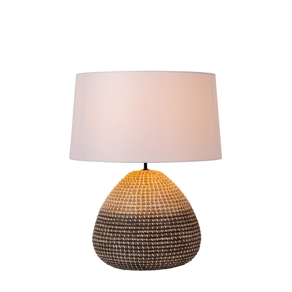 Seegras-Tischlampe Maduka Ø 45 cm – schwarz/braun mit weißem Farbton