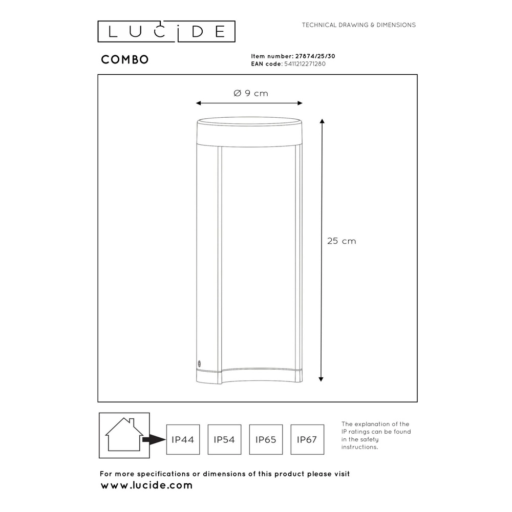Entwurfspfadbeleuchtung Combo 25 cm schwarz Lucide 5411212271280