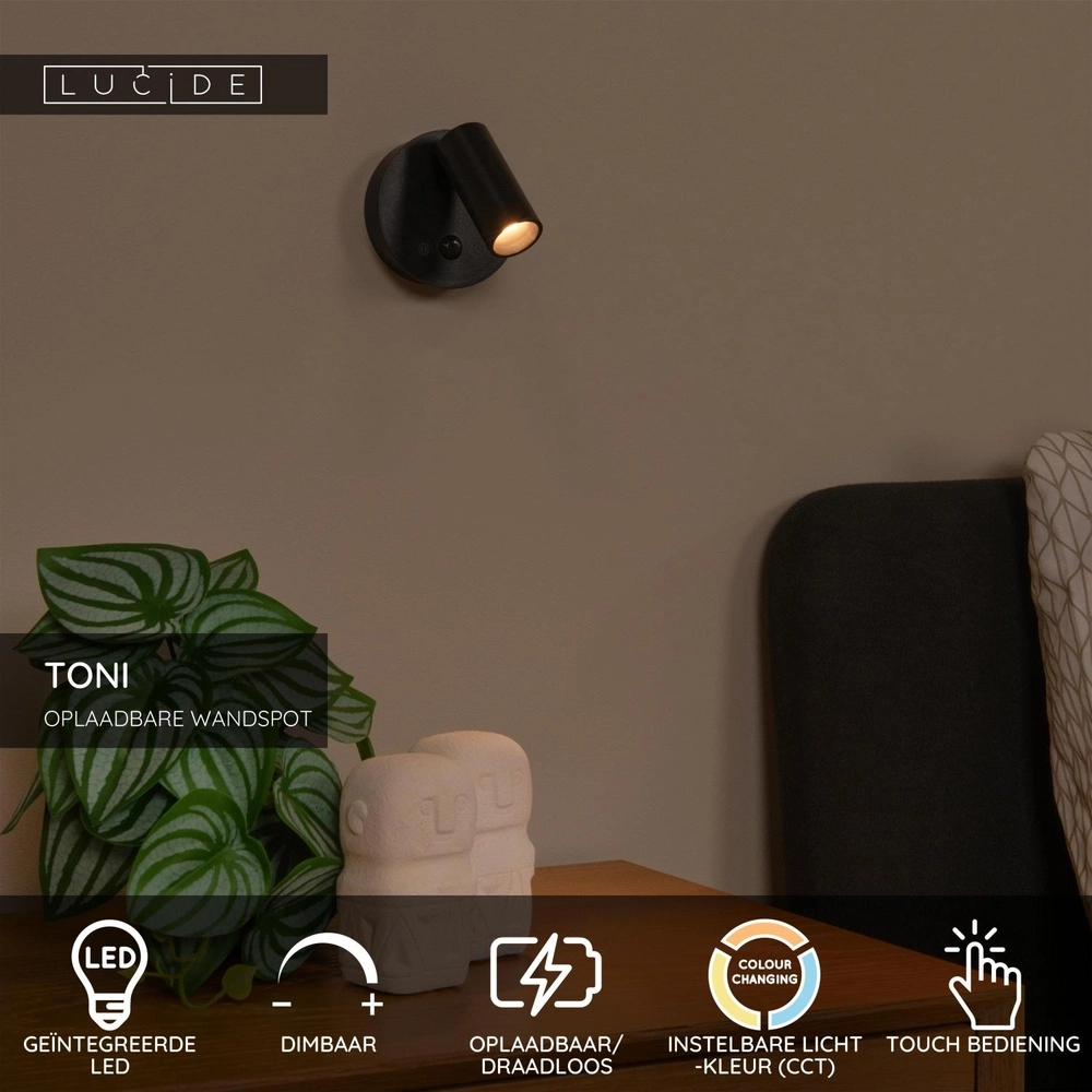 Wiederaufladbare Wandlampe mit Sensor Toni Magnetisches Schwarz Lucide 5411212290571