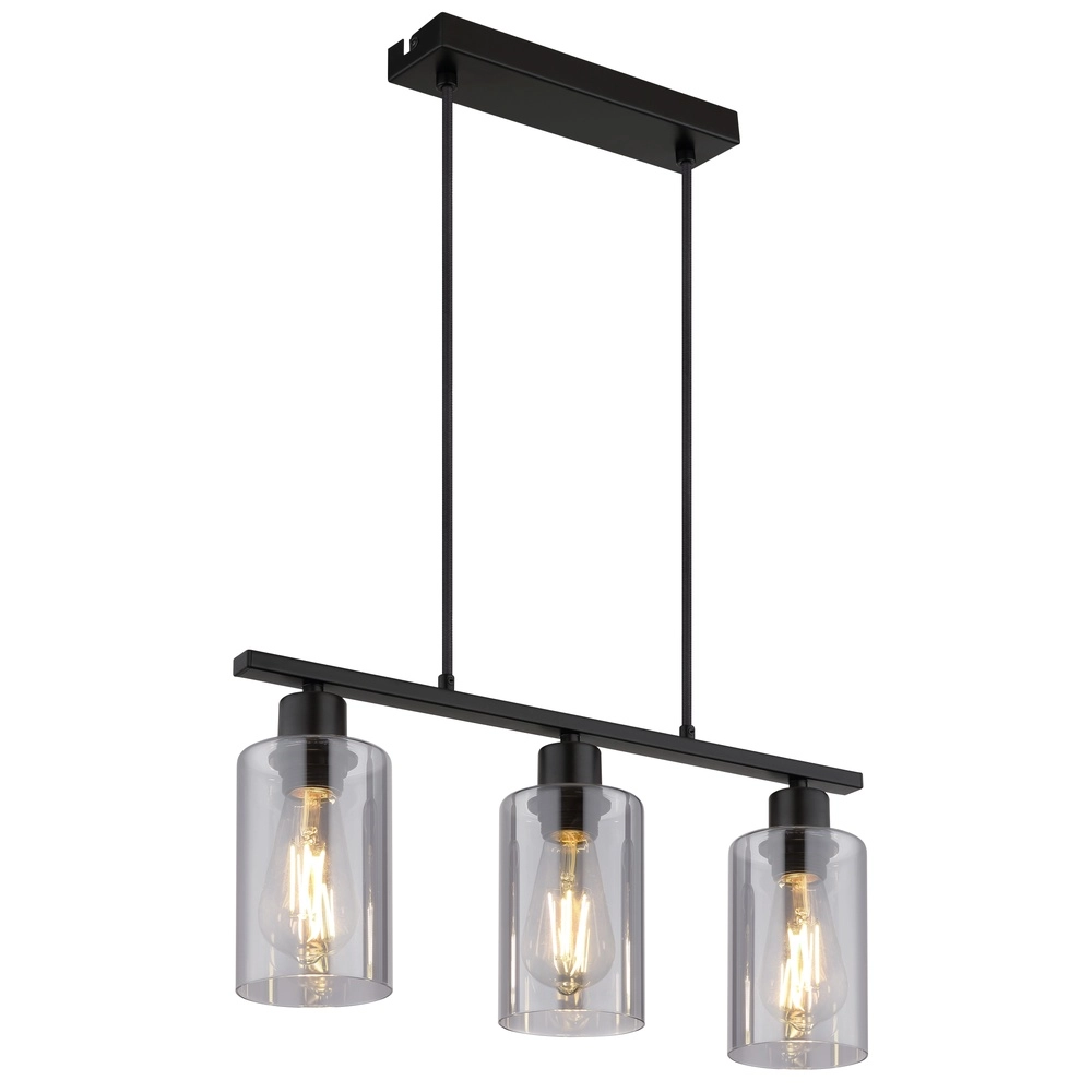 Pendellampe Hadera 3-Licht Schwarz mit Rauchglas