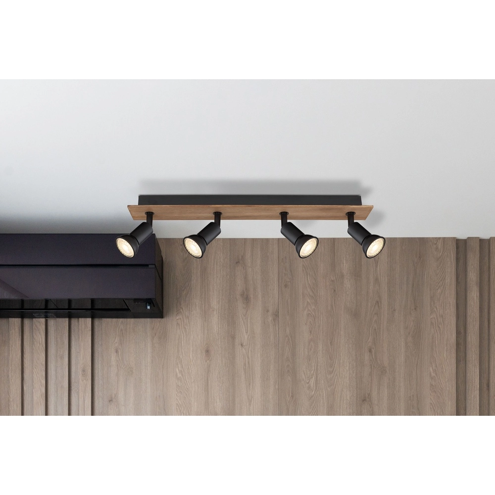 Deckenscheinwerfer Drew Schwarz mit Holz 4-Licht Globo 9007371436781