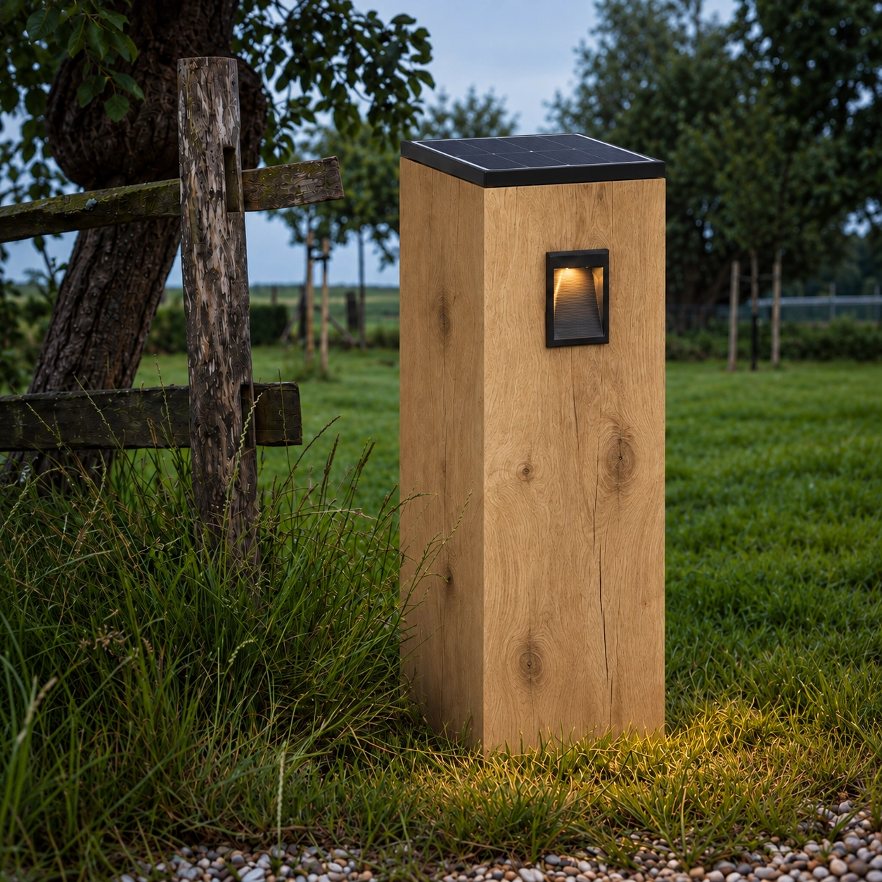 Holz-Solarrampenlampe Torre Solar Eiche - 17,5x17,5x90 cm - 2700K