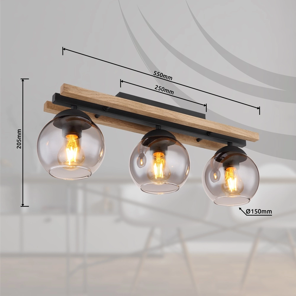 3-Licht Deckenlampe Conni Schwarz mit Holz Globo 9007371448739