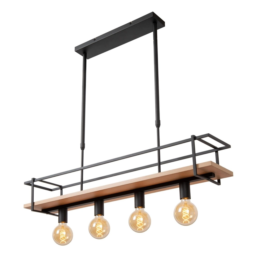 4-Licht Pendellampe Milonga Schwarz mit Holz Lucide 5411212211750