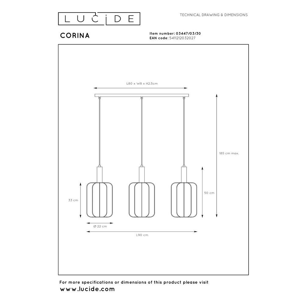 Pendellampe 3-Leuchten Corina Schwarz Lucide 5411212032027