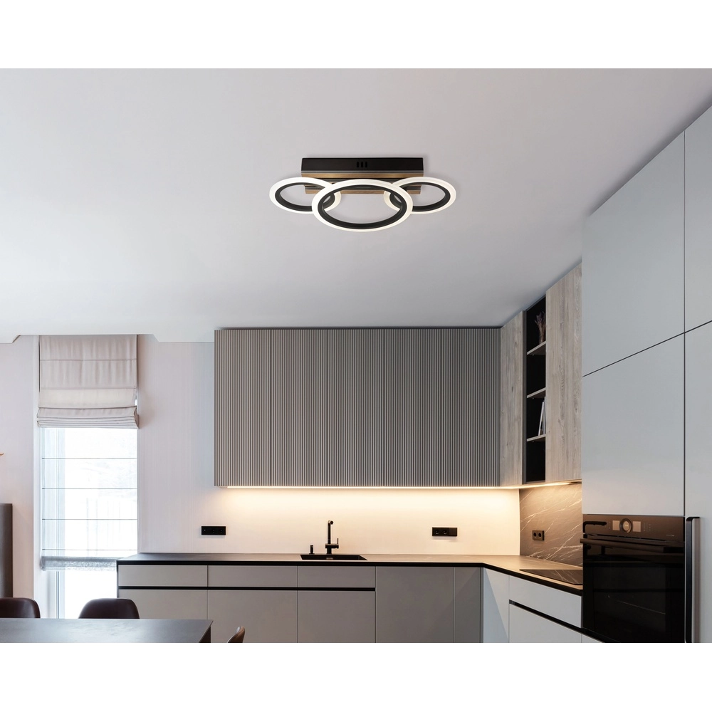 Deckenlampe Blevins Schwarz mit Holz 3 Ringe Globo 9007371575169