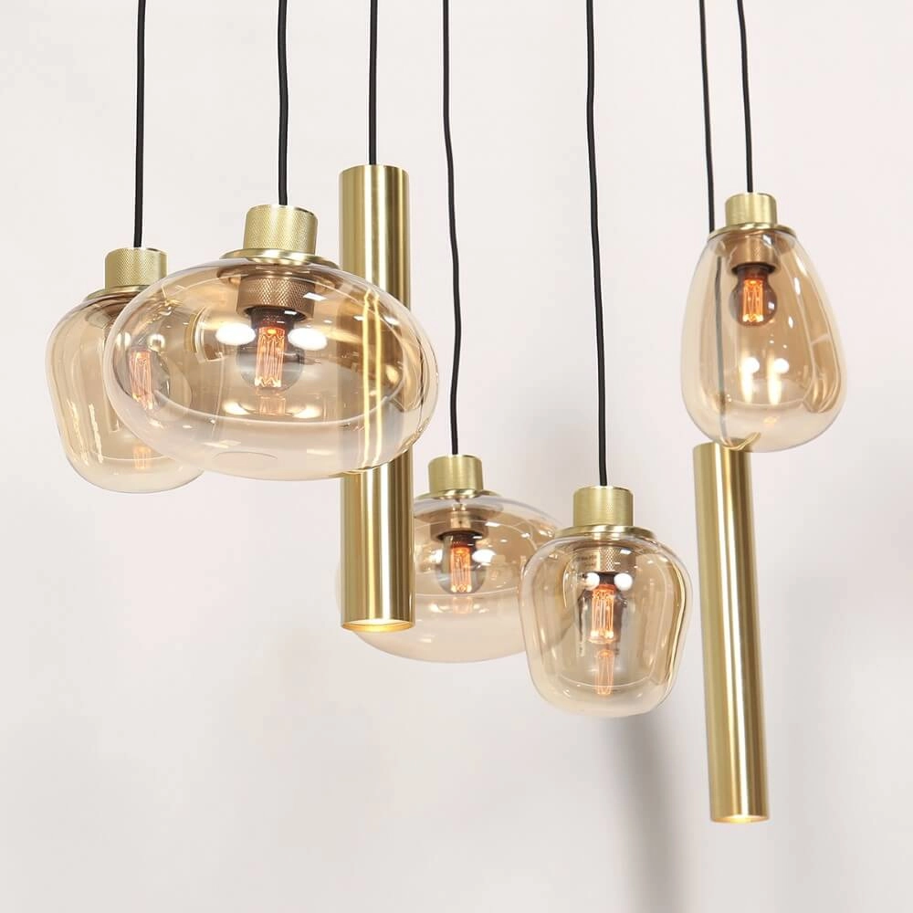 Esstisch-Hängelampe Reflexion Gold mit bernsteinfarbenem Glas Steinhauer 8712746172966