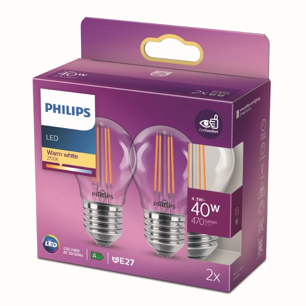 Lichtquellenkugel 4,3W - E27 - 2700K - 470 lumen 2er-Set Philips 8718699763893