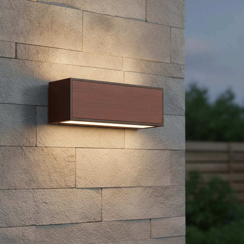 Solar-Wandleuchte Brown Rostbraun mit Holz