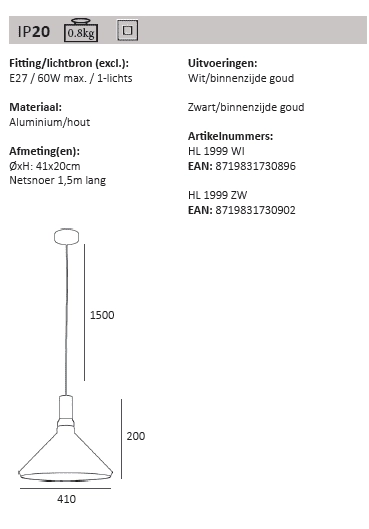Schlanke Hängelampe Cornet Ø 41 cm schwarz mit holz Artdelight 8719831730902