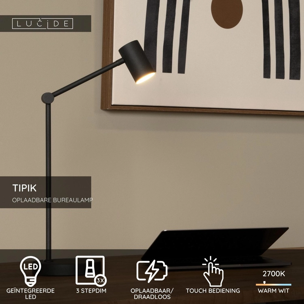 Wiederaufladbare Schreibtischlampe Tipik Schwarz Lucide 5411212361325