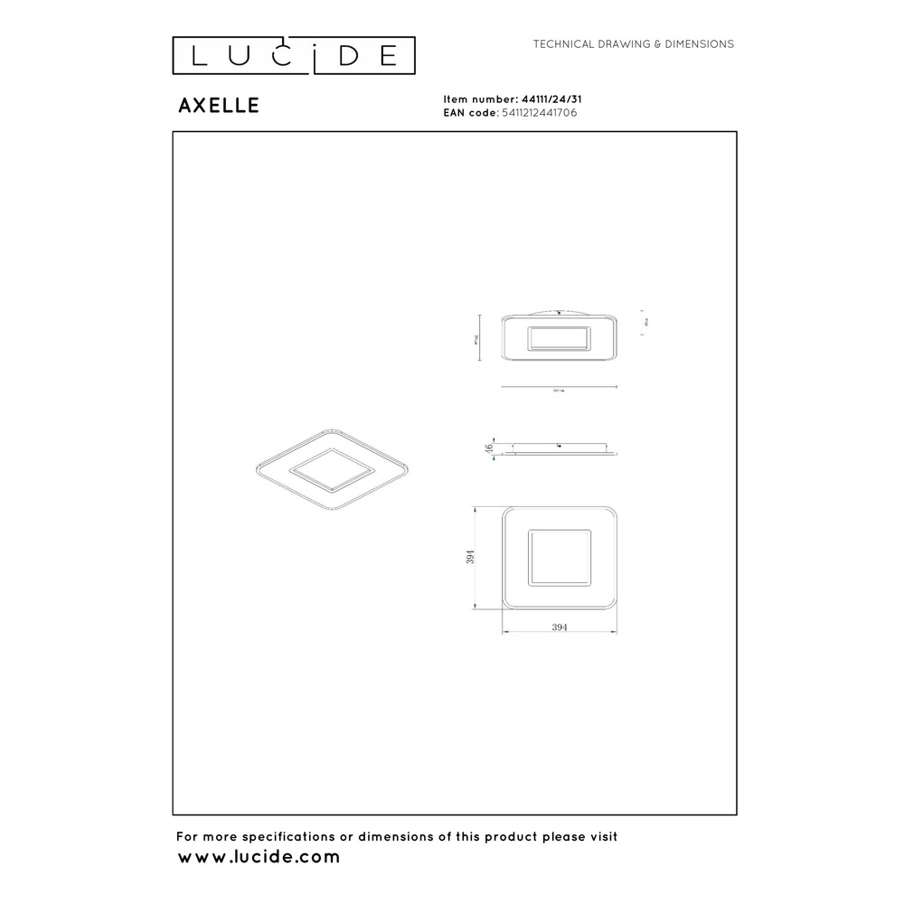 Quadratische Deckenlampe Axelle weißes 2700K dimmbar Lucide 5411212441706