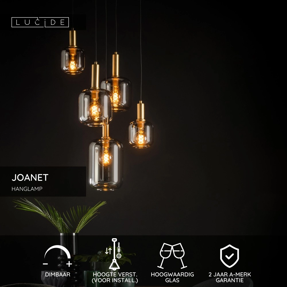 5-Licht Pendellampe Joanet Ø 66 cm Gold mit Rauchglas Lucide 5411212451439