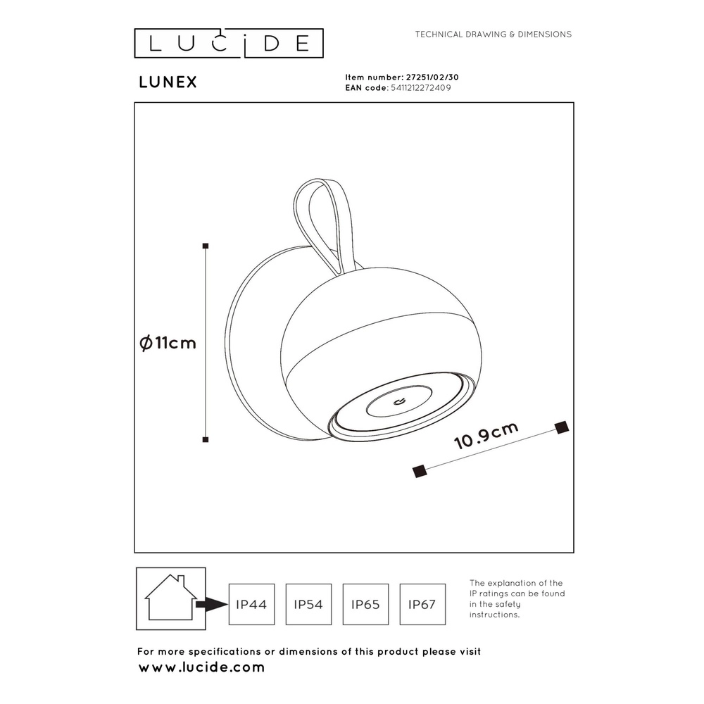 Wiederaufladbare Wandlampe Lunex Black Magnetic Lucide 5411212272409
