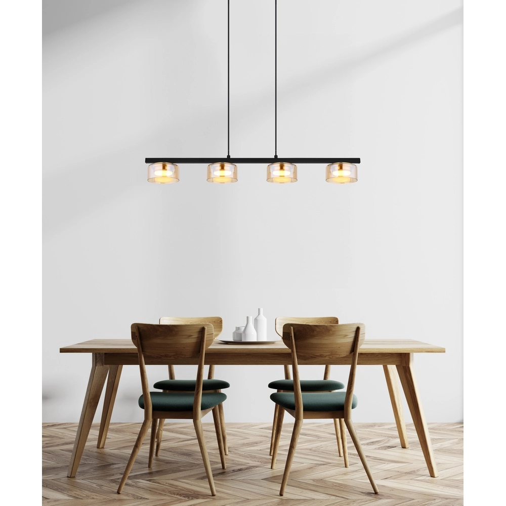 Design-Pendellampe Higgins 4-Licht Schwarz mit bernsteinfarbenem Glas Globo 9007371522828